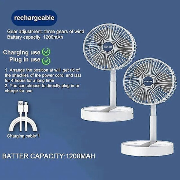 Pöytätuuletin Käsituuletin Taitettava Sisäänvedettävä Pieni Tuuletin Mini Kannettava Lataus USB Koti Hiljainen Pitkä Valmiusaika Mini Sähkötuuletin White Charging 2pc