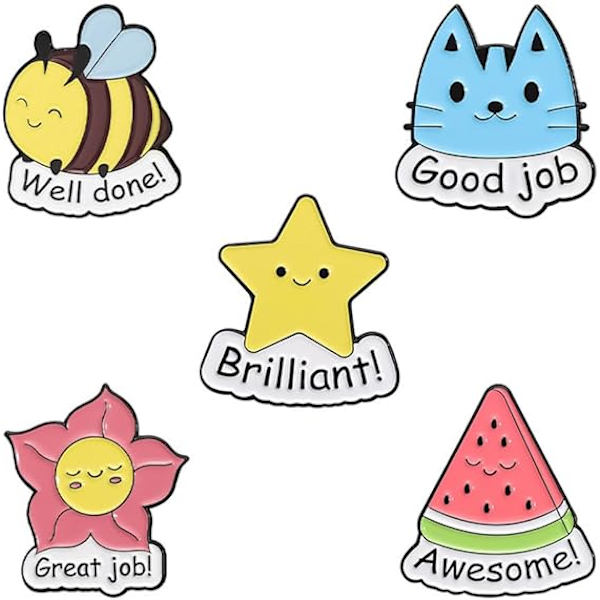 5 stk. Cartoon Animal Flower Watermelon Star Enamel Pin God Job Well Done Bee Cat Badge Lapel Pin Sæt Søde Dyr Tøj Tasker Rygsække Tilbehør