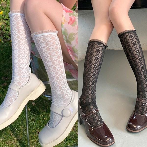 Dames Prinsesse Sommer Tynde Blonder Kalvesokker Ruffle Trim Vintage Kryds Diamant Plaid Blomstermønster Sheer Mesh Mid Tube Sokker (Hvid)