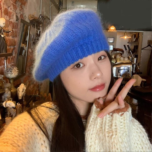 Beret Hat Efterår Vinter Kanin Plys Knittet Åndbar Stilfuld All-match Ensfarvet Elastisk Malerhat Black One Size