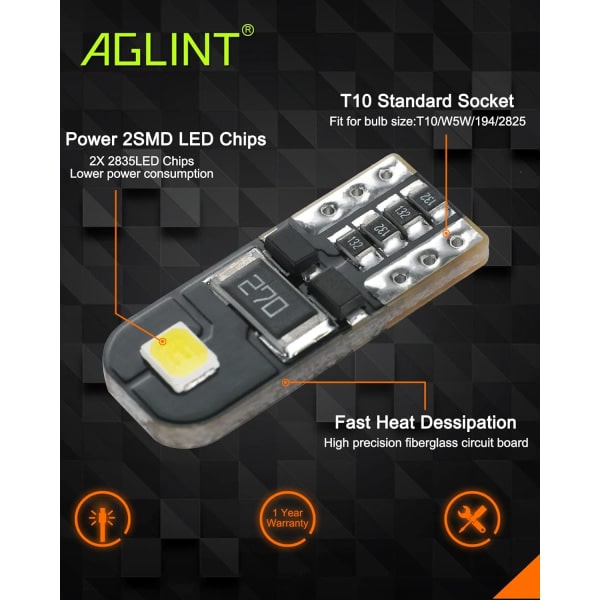 T10 LED-lampor CANBUS 12V Vit Ingen Polaritet Designad W5W Wedge Bil Inredning Ljus Kupol Nummerplåtsljus [Energiklass A+]