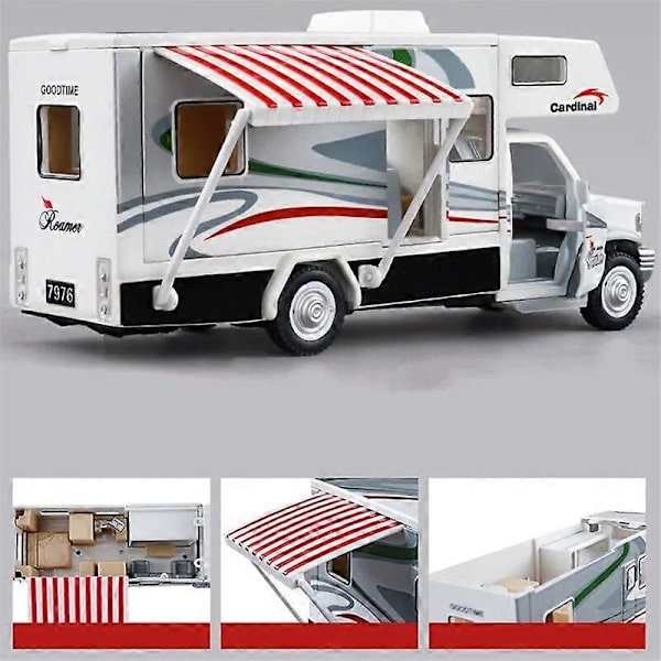 1:28 Alloy Luxury RV Caravan Vehicles Automalli Valettu Metalli Leiruriauto Matkailuauto Malli Ääni Valo Lasten Leikkikalut Lahjat White