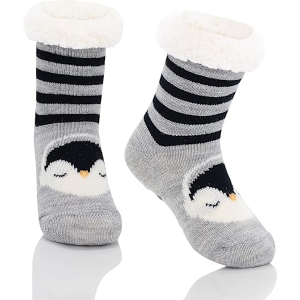 Barnstrumpor för flickor och pojkar, julklapp, varma fleece, fluffiga strumpor med halkfria djurtryck, tjockt grepp, svart pingvin, S