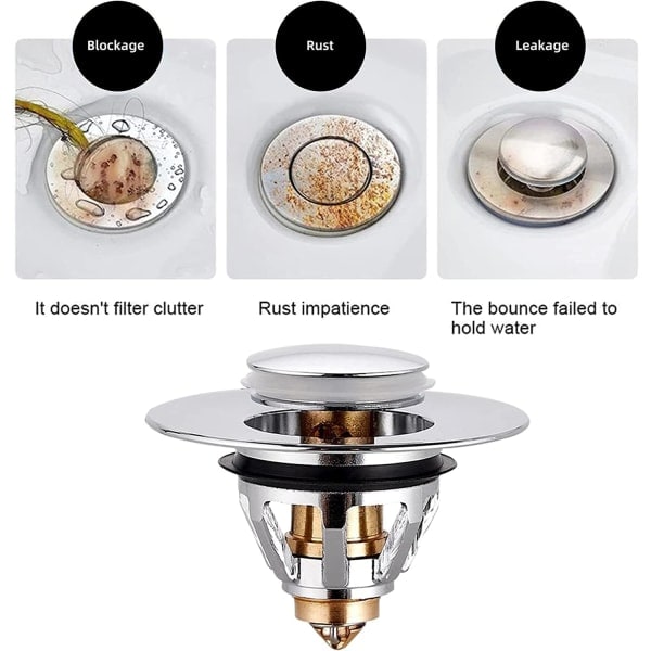 Universal Pop Up Avlopp Rostfritt Stål Sänka Plug Trycktyp Studsande Kärn Avloppsplugg Kök Badrum Sänka Universal 35 - 38mm