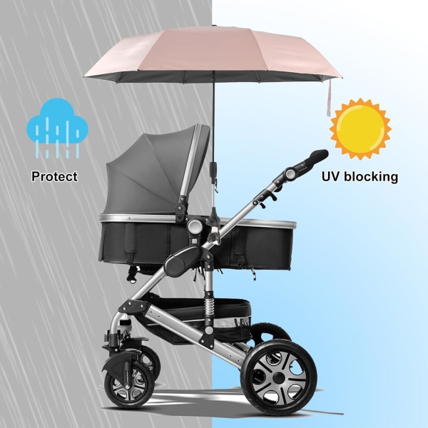 Universell barnevogn parasoll paraply 360° justerbar barnevogn parasoll UPF 50+ solbeskyttelse barnevogn parasoll med justerbar klemme