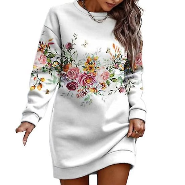 Naisten syksy talvi collegepaita mekko kukkakuvio pyöreä pääntie pitkähihainen löysä pusero paksu lämmin puolipitkä joustava hihansuun naisten kevät minimekko white XL