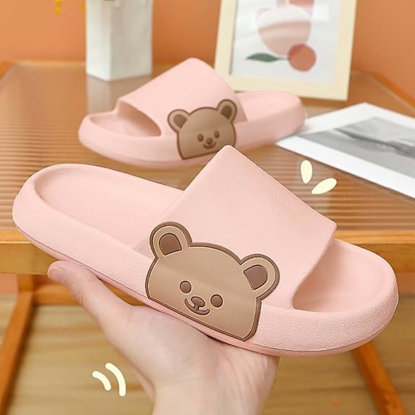 Womens Sliders Cute Bear Pattern, Non-Slip Shower Shoes Comfortable Ergonomic House Slippers for Indoor & Outdoor