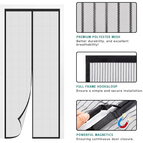 Magnetisk dörrskärm 90 x 210 cm, kraftig flugdörrskärm med kraftfulla magneter, hållbara nätgardiner håller insekter borta