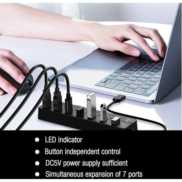 USB 3.0 Hub, Multi 7 Ports USB Strømskinne med Uafhængig Afbryder, Strømforsynet USB 3.0 Hub, Flere USB-porte til PC, Bærbar