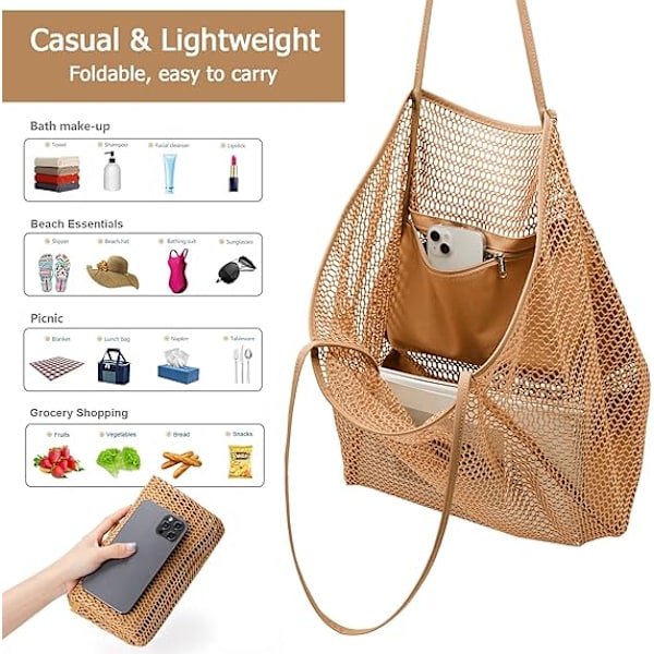 Sommerstrandveske, dame netting tote bag, stor casual skuldertaske med glidelås innerlomme for reise daglig basseng gym piknik Brown