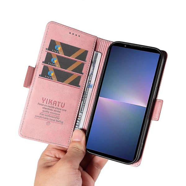 Læder telefoncover med foldbart stativ og pung til Sony Xperia 5 V Pink