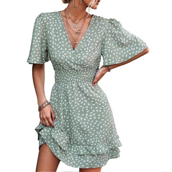Elegant Grön Blommig Klänning med Volangärm - Casual Sommaroutfit för Kvinnor, XL