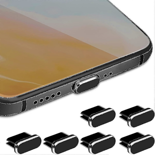 Type C støvhette sett 6 stk Aluminium legering Usb C Anti støvdeksel Caps Lading Port Deksel fi Black
