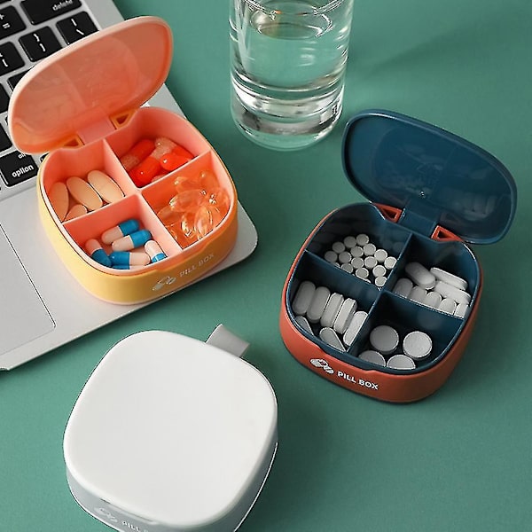 Mini Firkantet Pilleæske Med 4 Rum Bærbar Lille Medicinopbevaring Til Etui Tablet Dispenser Vitaminer Organiser White