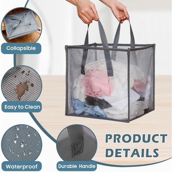 Verkkokankainen ponnahduspyykkikori kahvoilla, kannettava ja kokoontaitettava pyykkikori, taitettava säilytyskori pyykkitupaan, vaatteille, leluille 1 Pack Grey+1 Pack Black