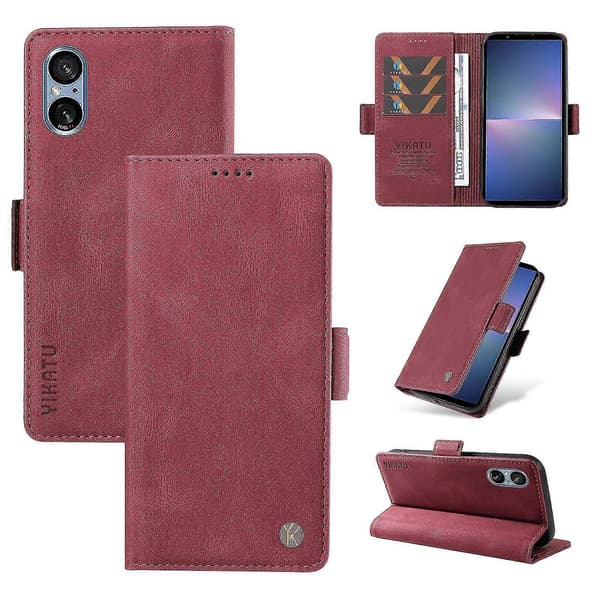 För Sony Xperia 5 V Läder Telefonfodral Vikbart Ställ Plånboksfodral Wine Red