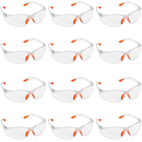 12-pack Skyddsglasögon med Omslutande Design, Klara Linser och Gummerade Näsa- och Öronbyglar för Säker Passform - Personlig Skyddsutrustning med Repskydd