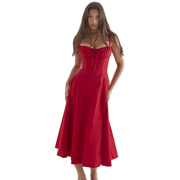 Slip nederdel Dame Sommerkjole Casual Bohos Ærmeløs Spaghetti Strop Lang Strand Solkjole Red S