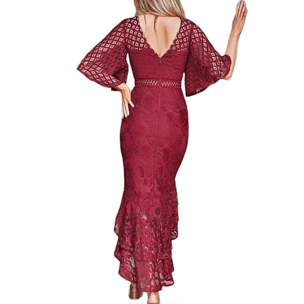 Dam Klänning Dip Hem Hög Låg Assymetrisk Spets Bodycon Fishtail Swing Klänning S Red Wine