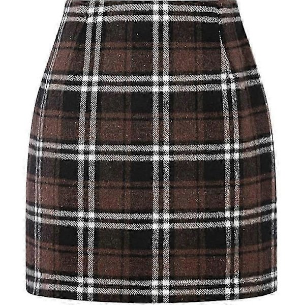 NYTT Dame Høy Midje Rutete Skjørt, Bodycon Blyant Ull Mini Skjørt Brown XL