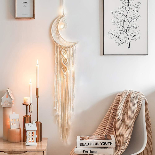 Pitsiseinävaate LED-valoilla, Kuun Unelmien Saalistaja Kudottu Tapetti Boho Koti Sisustus Hääjuhlat Koristeet Käsityölahjat, Sisätilojen Lomakoriste
