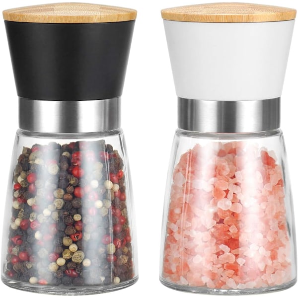 2Pcs,Salt and Pepper Grinder Set Black and White,Ceramic Spices Mill for Kitchen, with Adjustable Coarseness, Wooden Lids