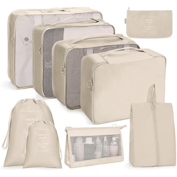 8 stk. Rejseorganisatorposer, Bagagepakkeposer med Sko Opbevaringsposer, Mesh Makeupposer beige