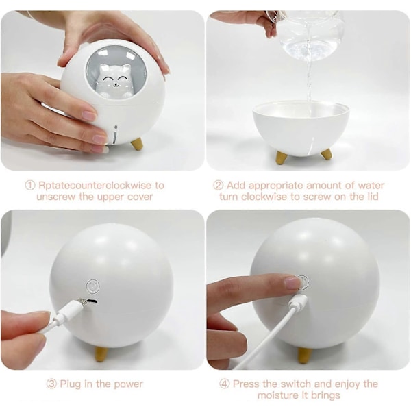 Mini Luftfugter, USB Bærbar Støjsvag Luftfugter, Sød Baby Luftfugter, Soveværelse Luftfugter med LED Natlys Funktion til Soveværelse, Kontor