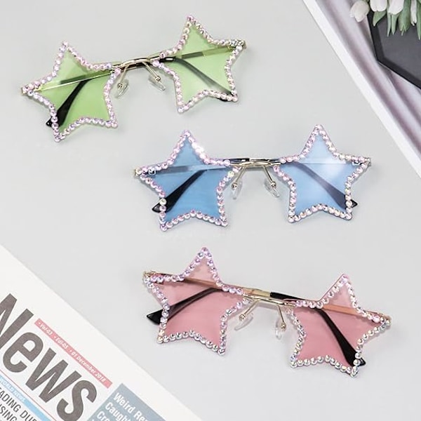 Rhinestone Star Briller, Rimless Stjerneformet Funky Bling Diamond Solbriller, Mote Glitrende Solbriller for Sommer Strandfest