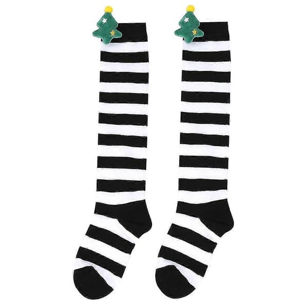Nye efterårs- og vinterbørns julestrømper, søde plysdukkestrømper, knæstrømper, stribede strømper, tegneseriedukkestrømper 9 black white christmas tree