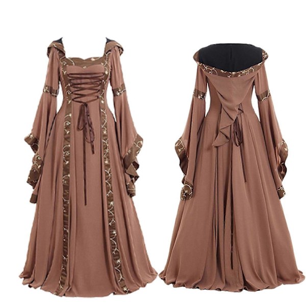 Medeltida Kvinnor Klänningar med Huvor Gotisk Renässans Drottning Cosplay Lång Klänning Kvinnlig Retro Fancy Kläder Halloween Khaki L