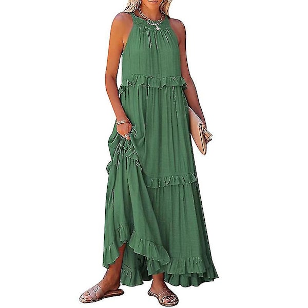 Halterneck Ärmlös A-linje Klänning för Dam, Casual Lång Strandklänning Green XL
