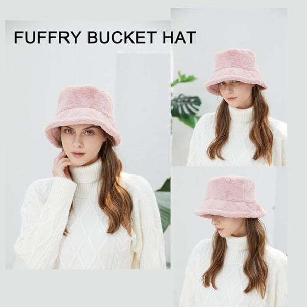 Winter Bucket Hat - Dam Fluffy Fisherman Hat Mjuk fuskpäls Vinterhatt Fuzzy Furry Warm Hat Tjock bred brättad plyschhatt för kvinnor tjejer，Rosa