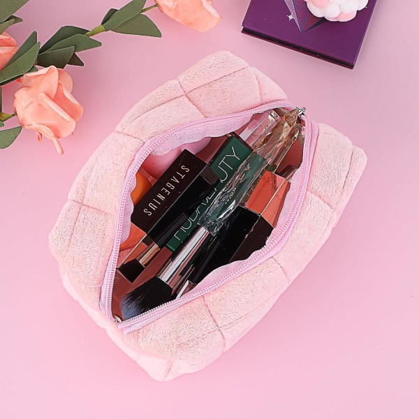 Kosmetikväska, söt rutig kosmetisk väska Resekosmetikväska, enkel bärbar toalettväska med stor kapacitet Damkosmetikväska (rosa)