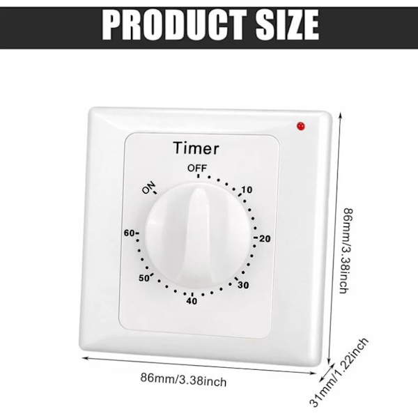 Nedtellingstimer: 60 minutters timer lysbryter med timer, vanntett, graver hull for installasjon