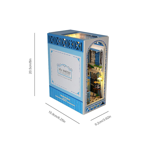 Bog Nook Kit DIY Bogreolindsats Dekoration 3D Puslespil Miniature Træbogstøtter Med LED Lys Lille Bibliotek Hjem Dukkehjem Sea Breeze Realm
