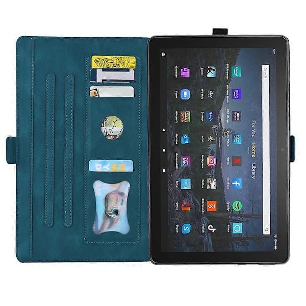 Amazon Fire HD 10 Plus 2021 / HD 10 2021 -laitteelle sopiva vaaka-asennossa avattava nahkainen suojakotelo, jossa on rakkausperhonenkuvio ja teline Blue