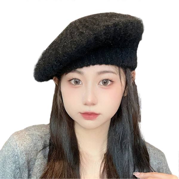 Beret Hat Efterår Vinter Kanin Plys Knittet Åndbar Stilfuld All-match Ensfarvet Elastisk Malerhat Black One Size