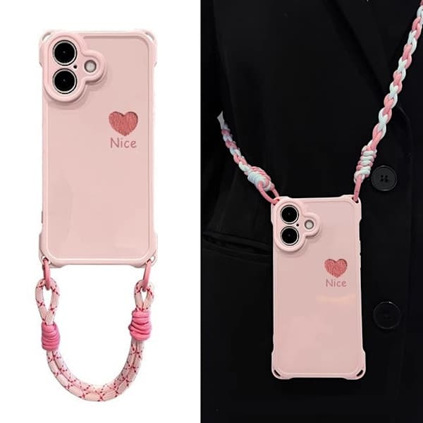 iPhone 16 Pro mobildeksel med snor, rosa
