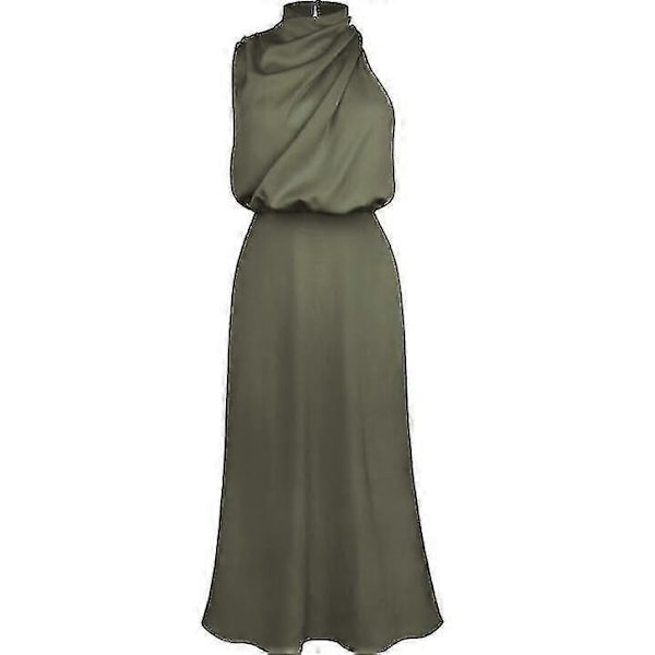 Dame Sommer Satin Ærmeløs Plisseret Lang Kjole Army green M