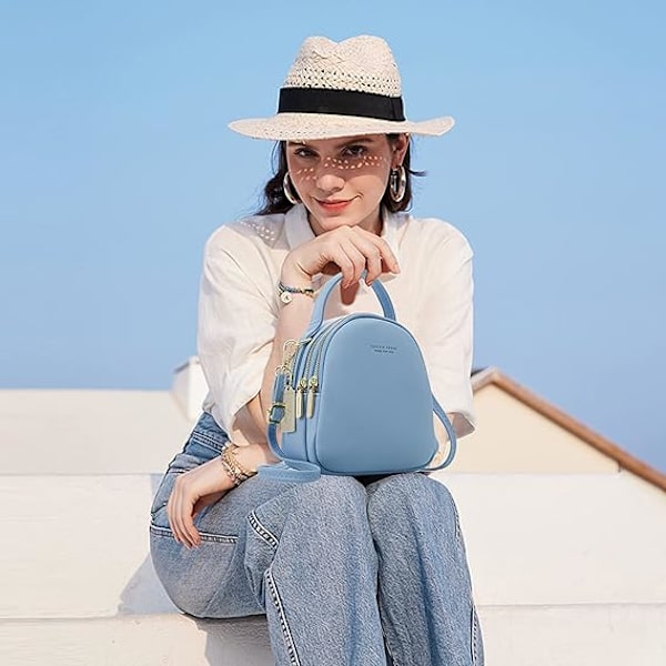 Mini Ryggsäck Dam Mode Handväska Flicka Vattentät Cross-body Väska med Hörlurs Hål Damer Läder Dagryggsäck Dating Resa Blue