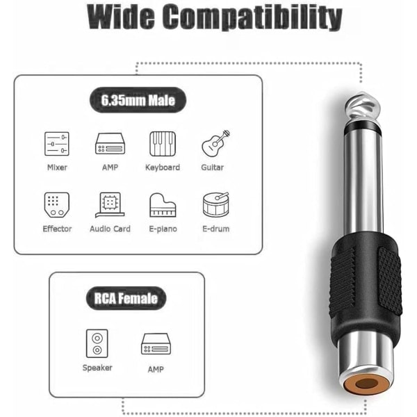 5-pak 6,35 mm hann mono jackplugg til RCA hun phono-kontakt gullbelagt lydadapter