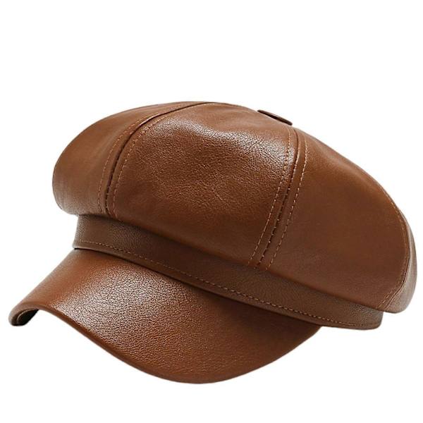 Dam Vår Sommar Basker Retro Enfärgad Konstläder Kort Skärm Dekorativt Solskydd Anti-UV Andningsbar Dam Målarhatt Unisex Åttakantig Mössa Coffee