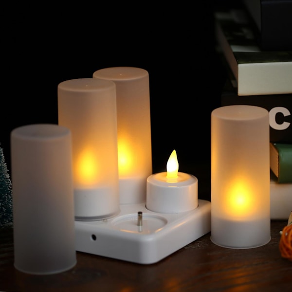 4-pack Laddningsbara LED-Ljus med Flimmerande Låga, Teeljus, Ljus med Frostade Koppar
