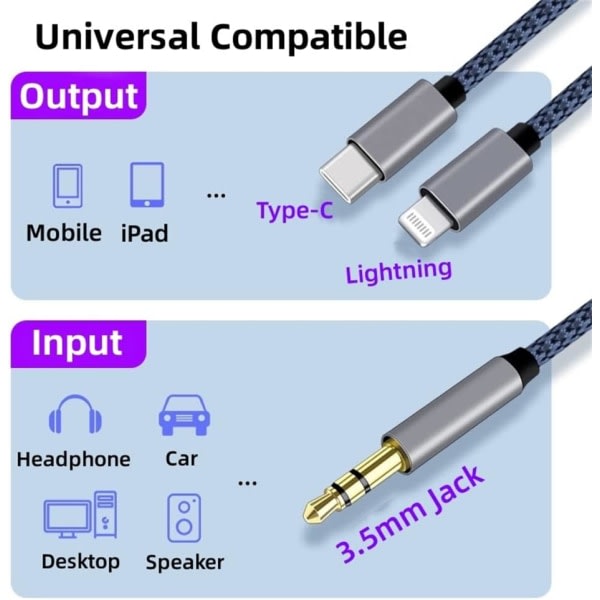 Punottu nylon USB C & Lightning 3,5 mm:n liittimeen äänisovittimen Aux-kaapeli