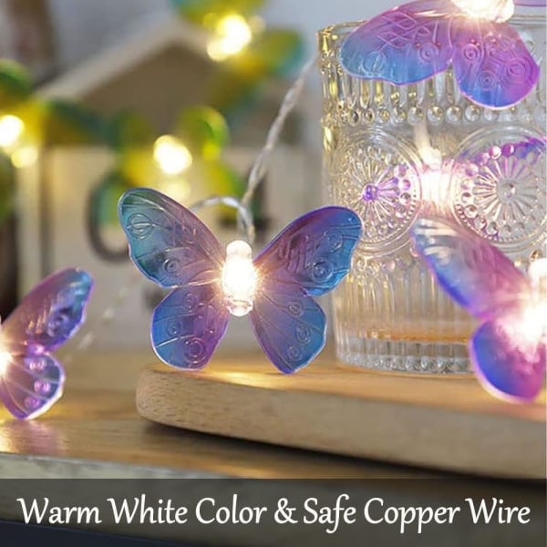 20 LED Butterfly Lysstreng, 3 Meter Batteridrevet Lilla Butterfly Lys til Hjem Indendørs Udendørs Have Bryllup Fest Ferie Dekoration