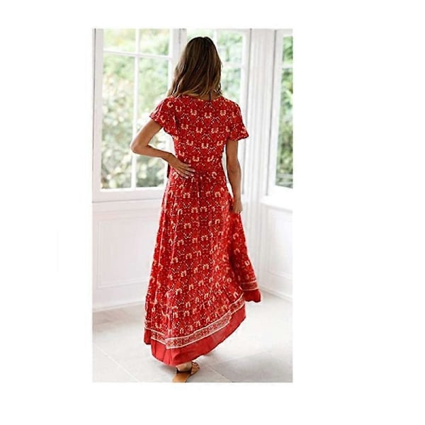 Boho Sommerkjole for Kvinner med Splitt i Siden, Dyp V-Hals, Korte Ermer og Belte XL
