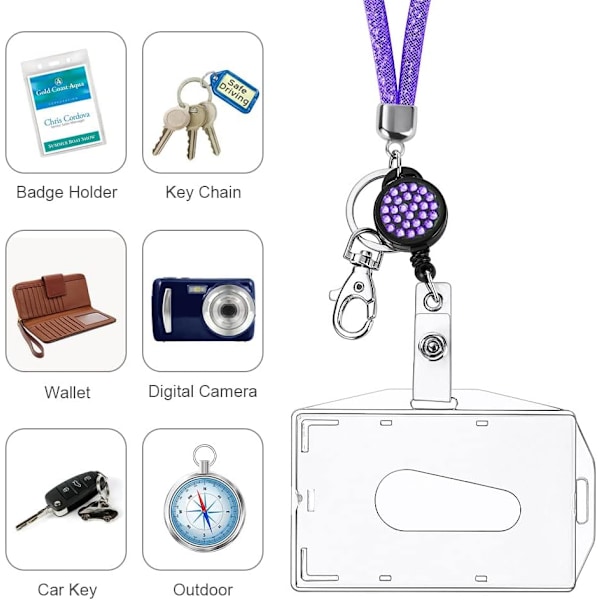 Kortholder med snor, krystalsnor med gennemsigtig ID-kortholder, snor og badgesæt, nøglering badgesholdere og halsrem til nøgler Purple