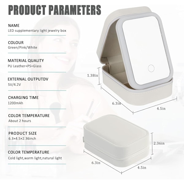 Sminkväska med spegel, researrangör för smink med LED-spegel, bärbar kosmetikaväska med 3 färger justerbar ljusstyrka White