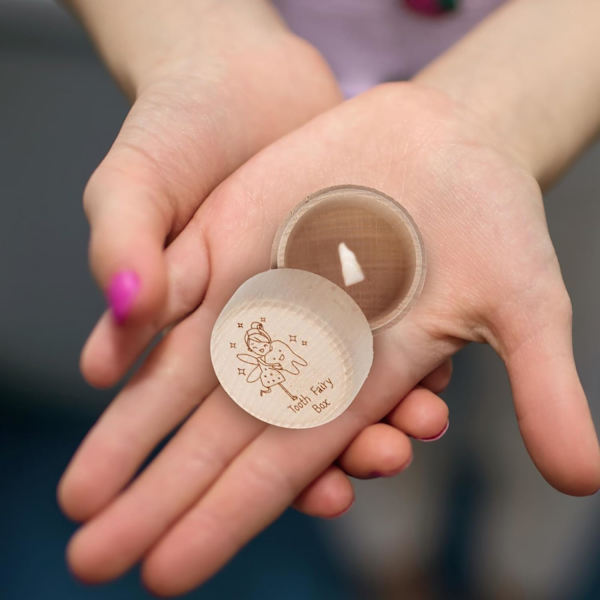Tandfén låda, rund tandlåda i trä, souvenirförvaringslåda, mini söt samling förlorad tand souvenirförvaringslåda